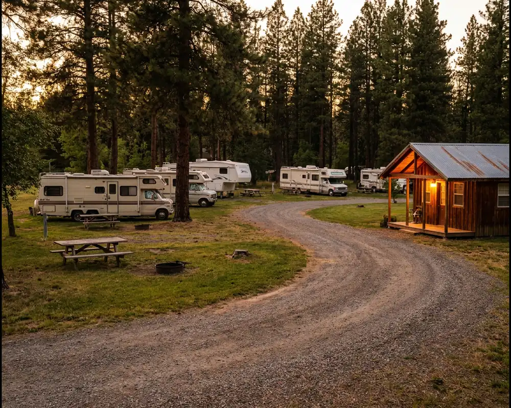RVs on grassy sites beside a gravel loop road at a small family-run RV park at golden hour
