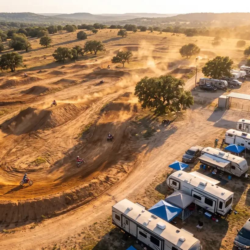 Aerial view of a motocross track with an RV camping area managed with RoverPass reservation software