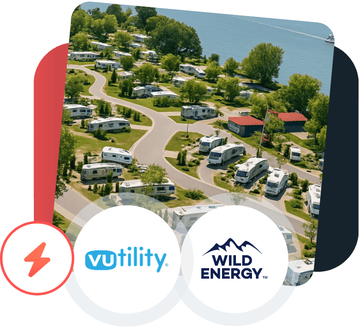 Aerial view of an RV park with multiple RV sites and internal roads
