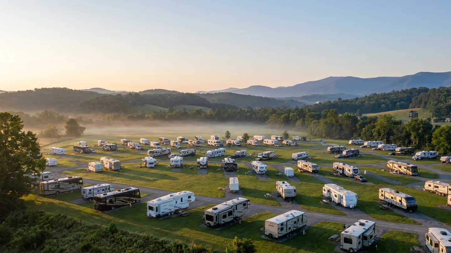 Wide view of a campground at sunrise with RVs and travel trailers on grassy sites
