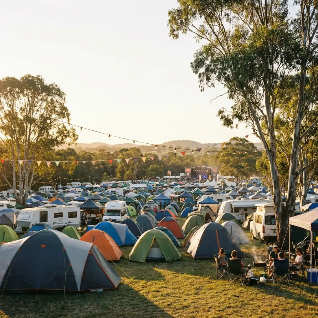 Rows of festival camping tents and campervans in a grassy paddock at golden hour, framed by eucalyptus gum trees with a distant stage