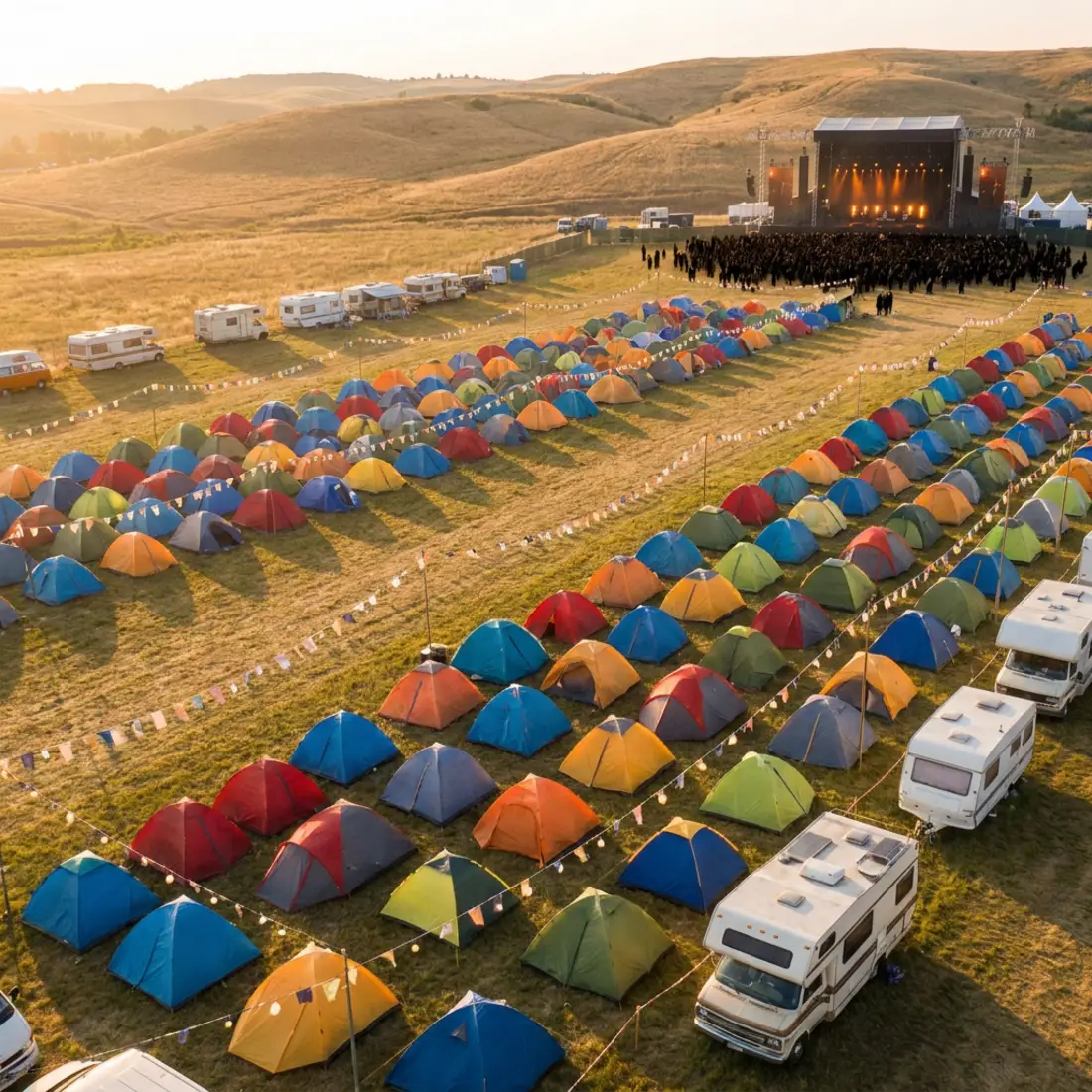 Rows of festival camping tents and a few campervans in a grassy field at golden hour, with a distant main stage and string lights