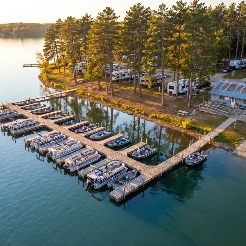 Aerial view of a marina with boat slips and a lakeside campground managed with RoverPass reservation software