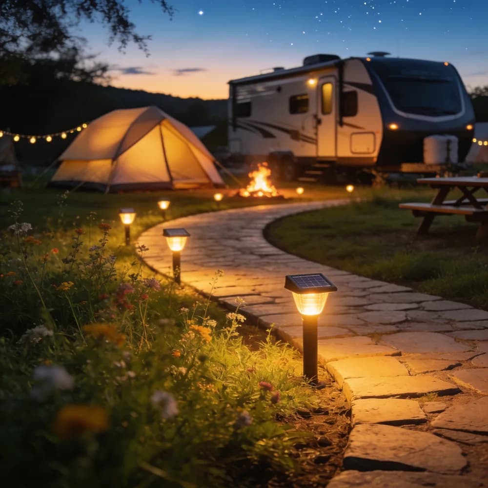 A campground at dusk with glowing solar path lights, a tent, RV and campfire