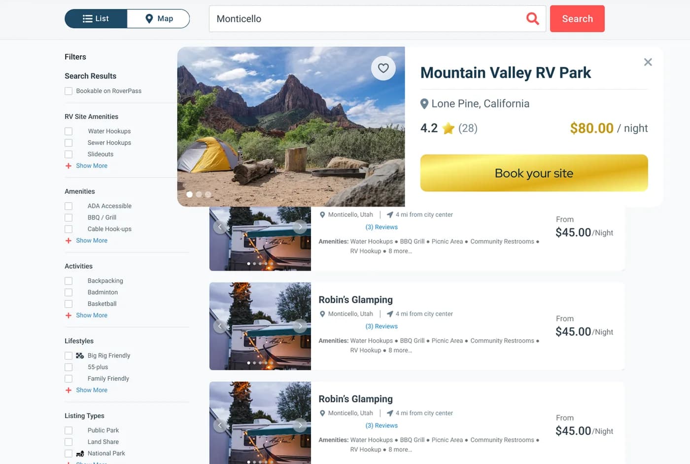 Premium Listing, RoverPass platform screen