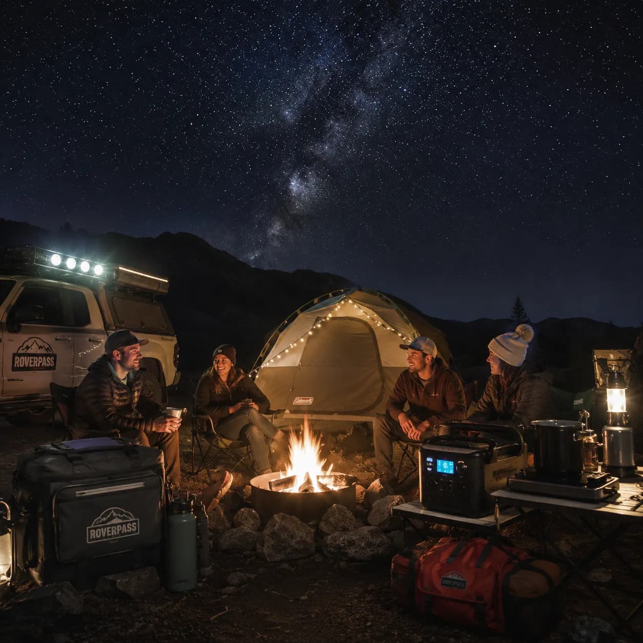 Friends around a campfire at night with RoverPass camping gear under a starry sky