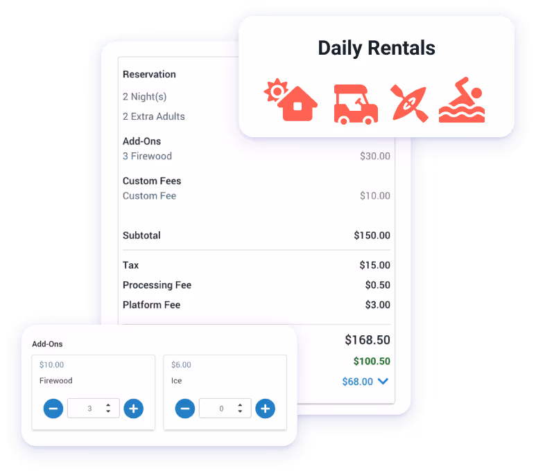Daily rental options and costs displayed in the RoverPass app