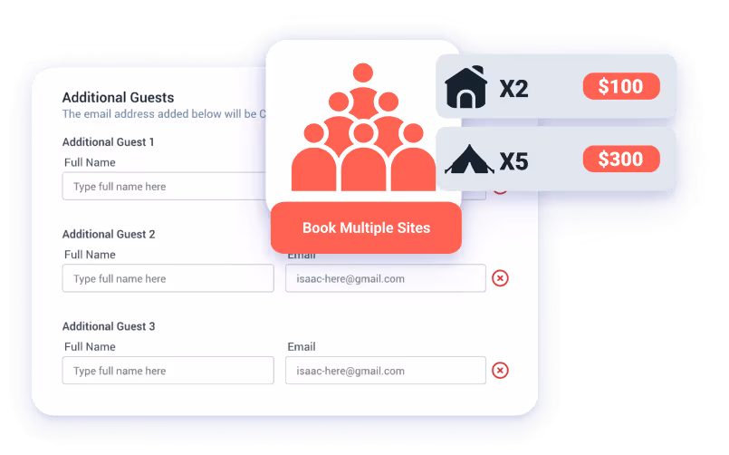 RoverPass dashboard showing a family group booking with multiple sites