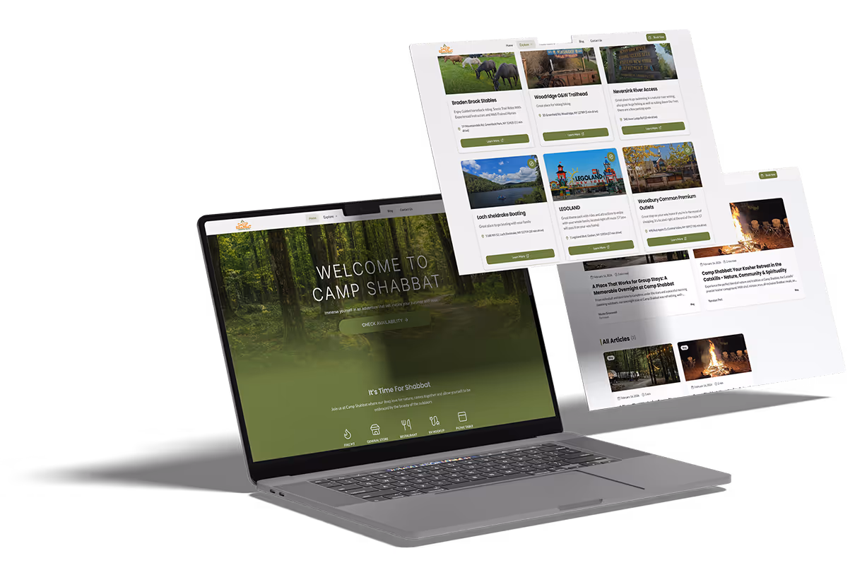 Laptop mockup displaying a caravan park website homepage and listing pages