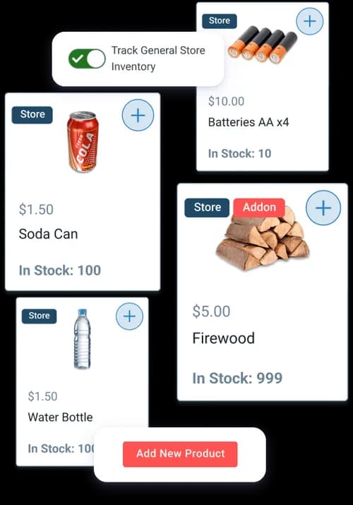 RoverPass POS inventory control showing a campground store product list