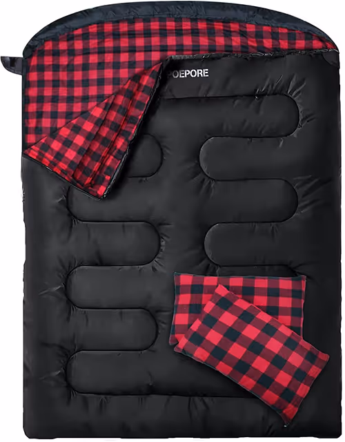 A red and black plaid sleeping bag