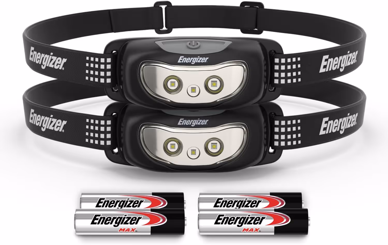 Two headlamps stacked vertically with batteries