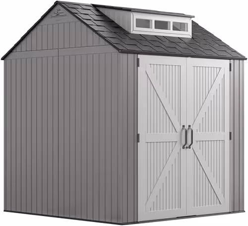 A gray storage shed
