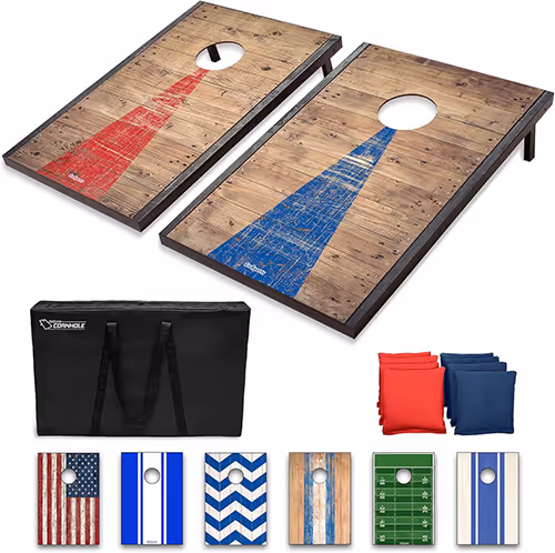 Two cornhole boards featuring red and blue lines to the hole with other board options below