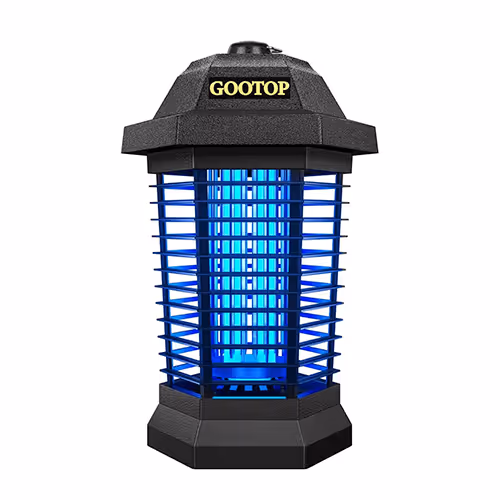 An efficient electric bug zapper from Gootop, featuring a bright blue UV light and protective cage.