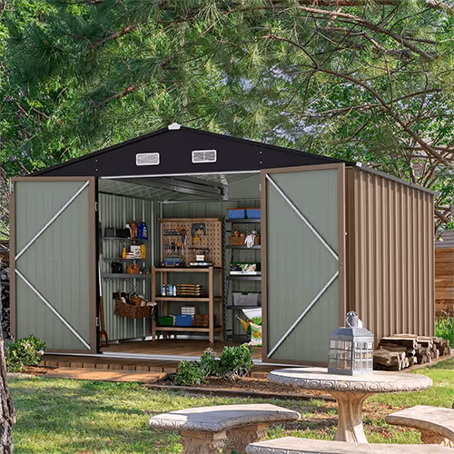 A spacious metal outdoor storage shed with open doors, revealing organized shelving and tools inside.