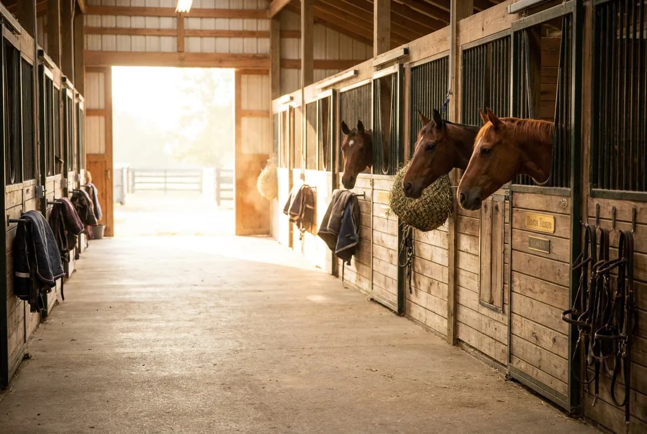 Horses looking out over the doors of timber stalls in a clean stable aisle at morning light