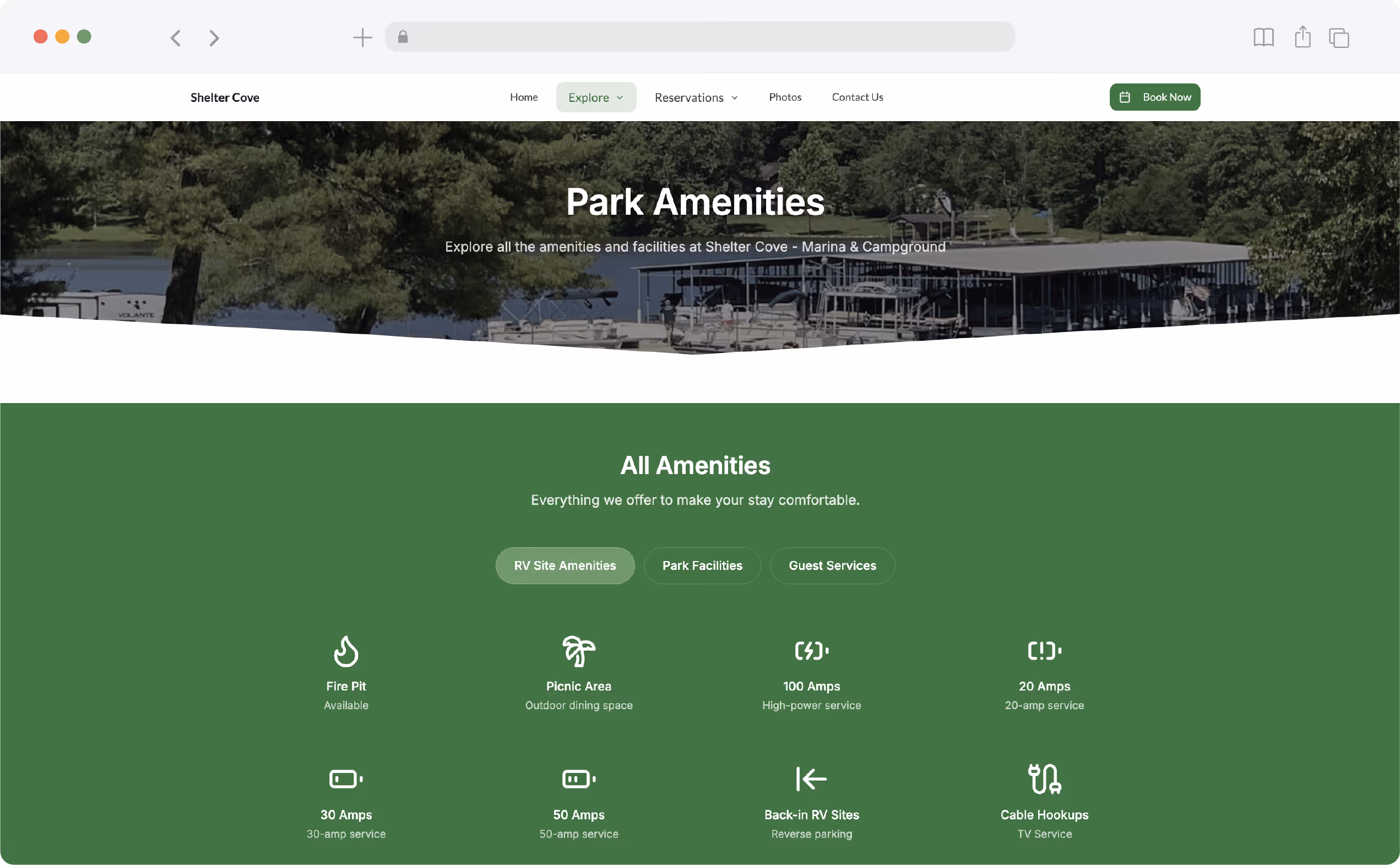 Lakeside marina with covered docks and wooded shoreline