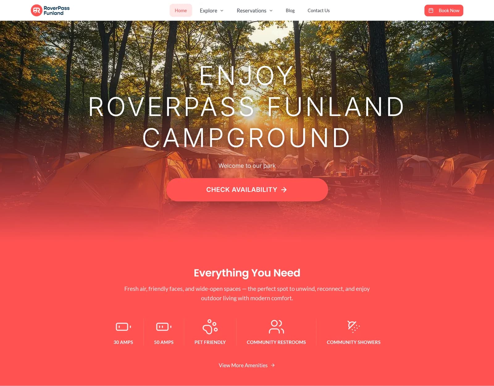 Example of a RoverPass-built campground website with a Check Availability button