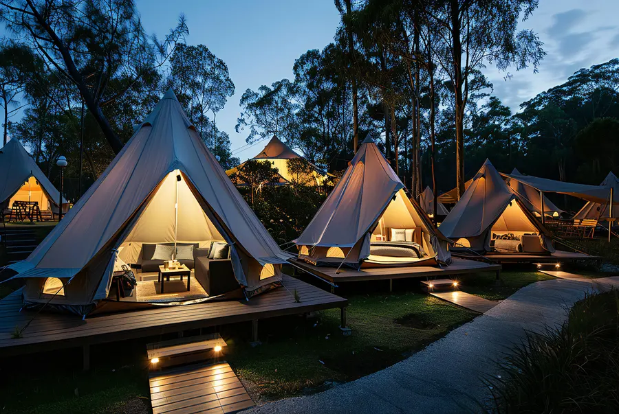 Glamping camp of lit bell tents on wooden decks at dusk